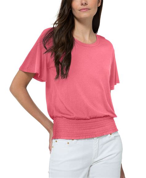 michael kors womens short sleeved shirts|Michael Kors smocked waist top.